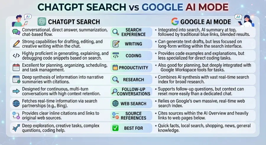 ChatGPT Search vs Google AI Mode