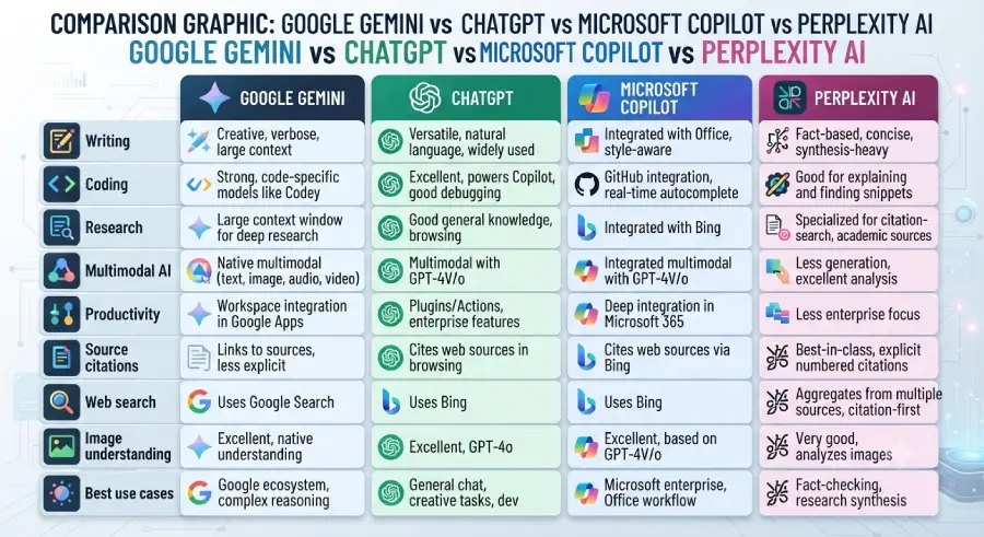 Google Gemini vs ChatGPT vs Microsoft Copilot vs Perplexity AI