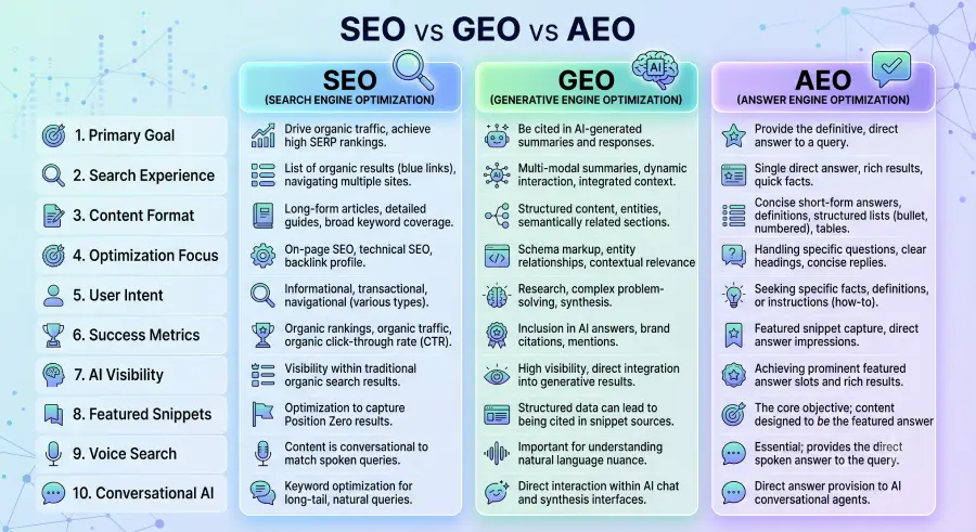 SEO vs GEO vs AEO